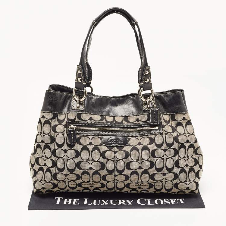 Pre Owned Coach Black/Grey Signature Canvas and Leather Penelope Carryall Tote