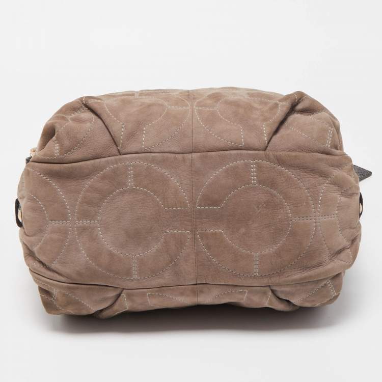 Pre Owned Coach Grey/Dark Brown Op Art Signature Nubuck Leather Zip Hobo