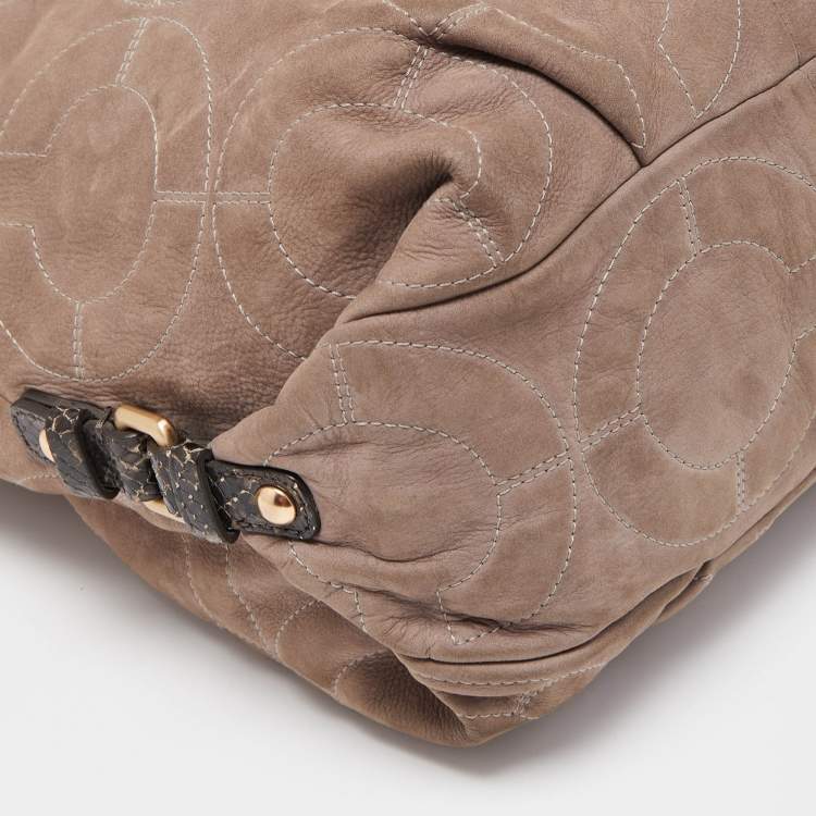 Pre Owned Coach Grey/Dark Brown Op Art Signature Nubuck Leather Zip Hobo