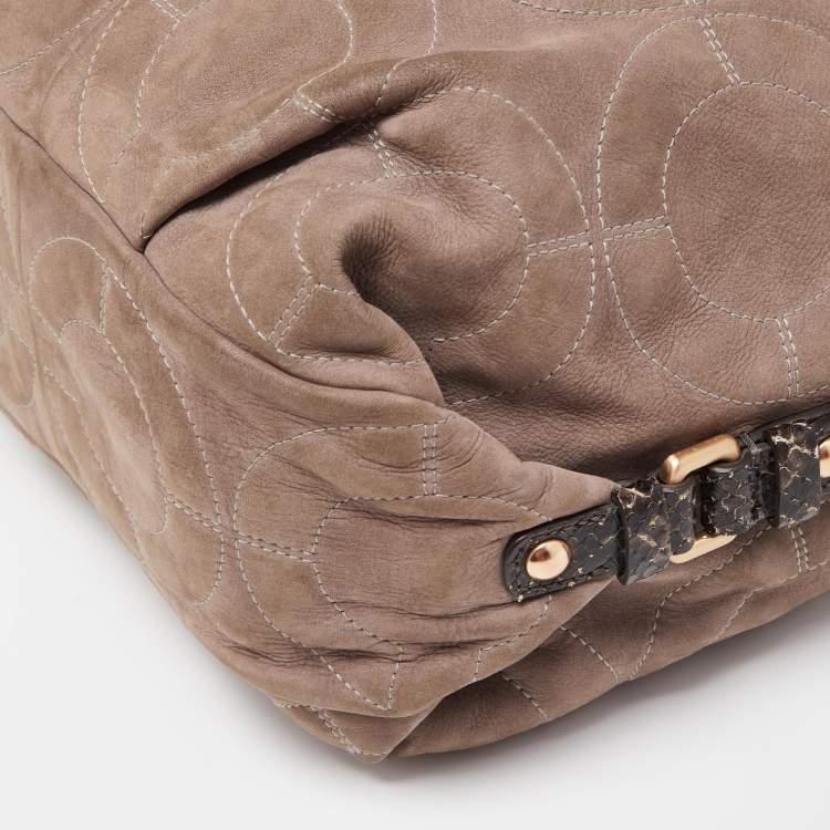 Pre Owned Coach Grey/Dark Brown Op Art Signature Nubuck Leather Zip Hobo