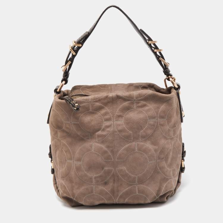 Pre Owned Coach Grey/Dark Brown Op Art Signature Nubuck Leather Zip Hobo