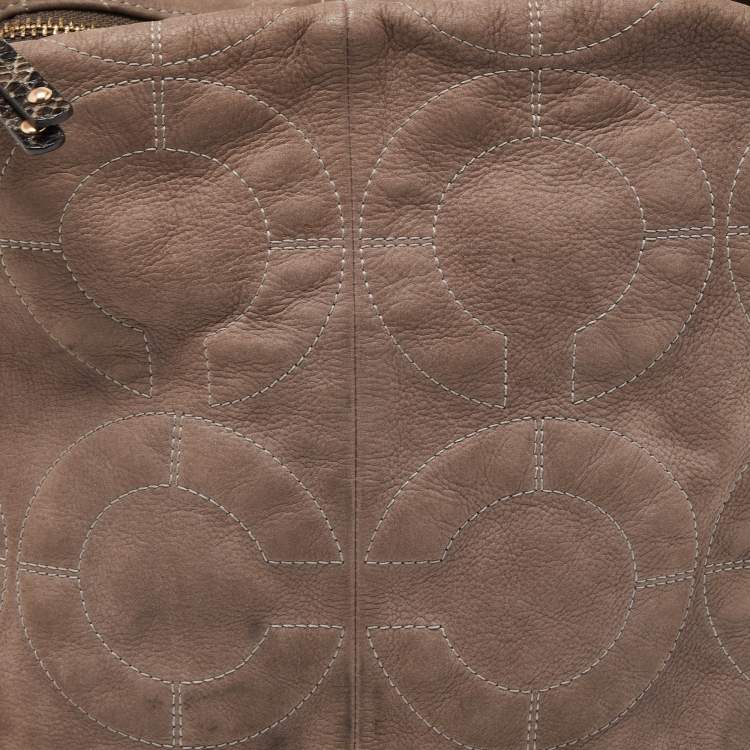 Pre Owned Coach Grey/Dark Brown Op Art Signature Nubuck Leather Zip Hobo
