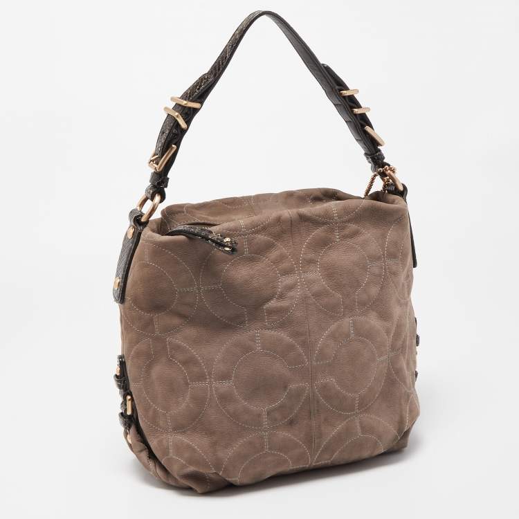 Pre Owned Coach Grey/Dark Brown Op Art Signature Nubuck Leather Zip Hobo
