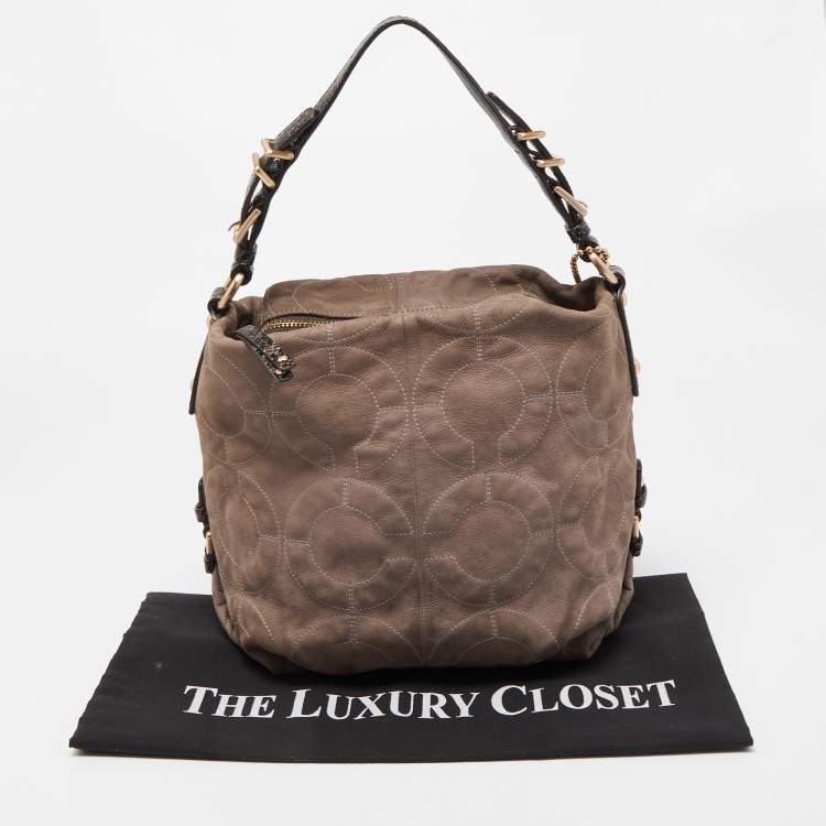 Pre Owned Coach Grey/Dark Brown Op Art Signature Nubuck Leather Zip Hobo