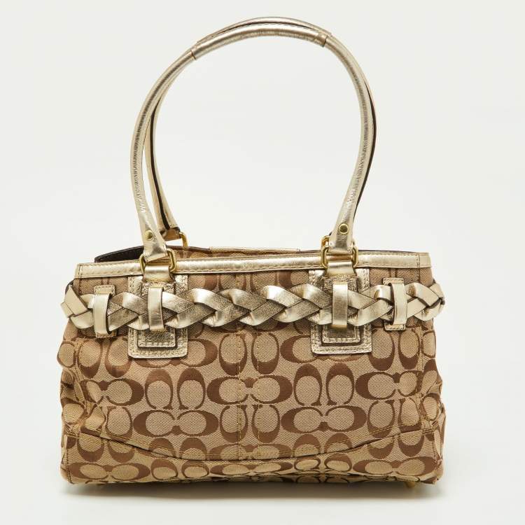 مملوكة مسبقًا Coach Beige/Gold Signature Canvas and Leather Satchel