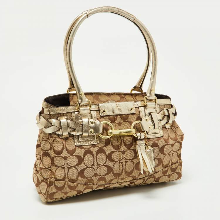 مملوكة مسبقًا Coach Beige/Gold Signature Canvas and Leather Satchel