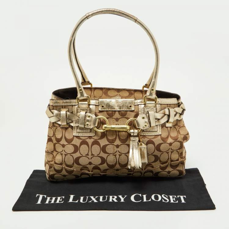 مملوكة مسبقًا Coach Beige/Gold Signature Canvas and Leather Satchel