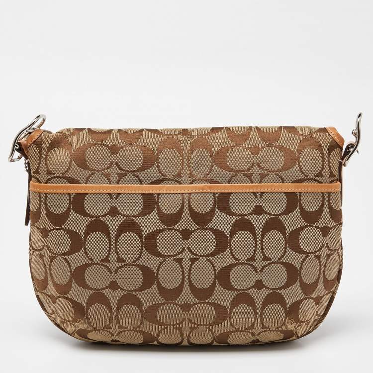 Pre Owned Coach Beige Signature Canvas and Leather Flap Crossbody Bag