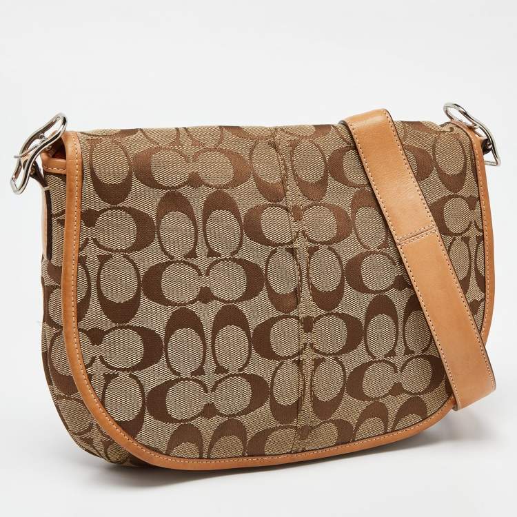 Pre Owned Coach Beige Signature Canvas and Leather Flap Crossbody Bag