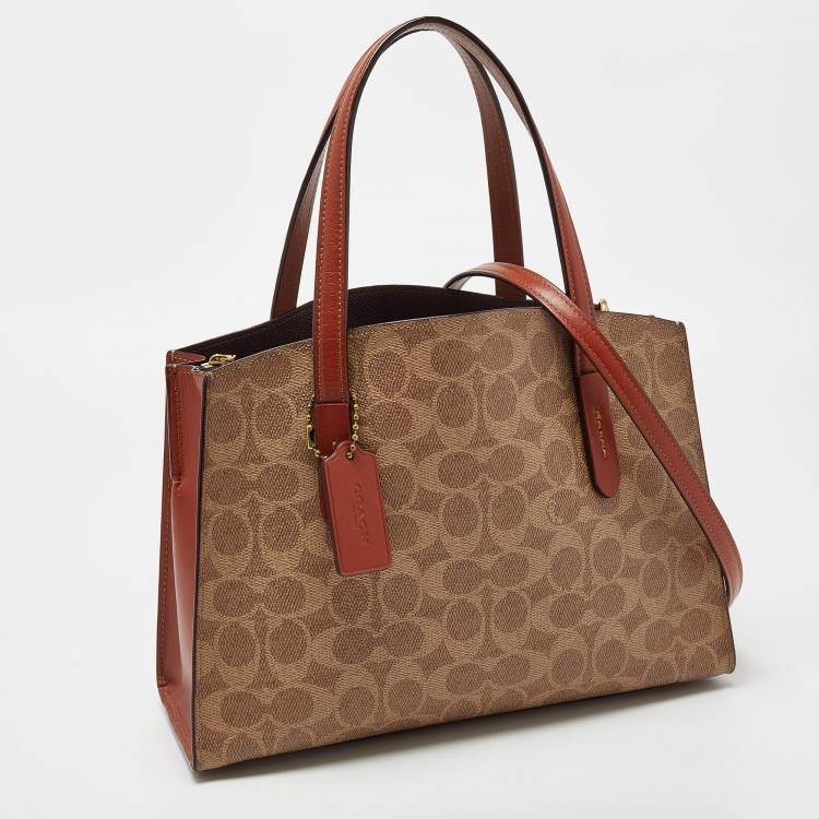Pre Owned Coach Beige/Brown Signature Coated Canvas and Leather Charlie Satchel