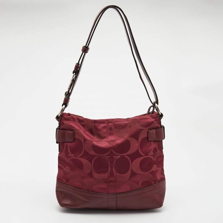 Pre Owned Coach Burgundy Signature Satin and Leather Chain Detail Hobo
