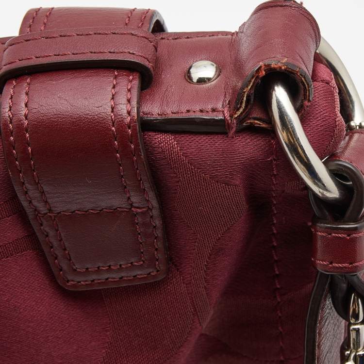 Pre Owned Coach Burgundy Signature Satin and Leather Chain Detail Hobo