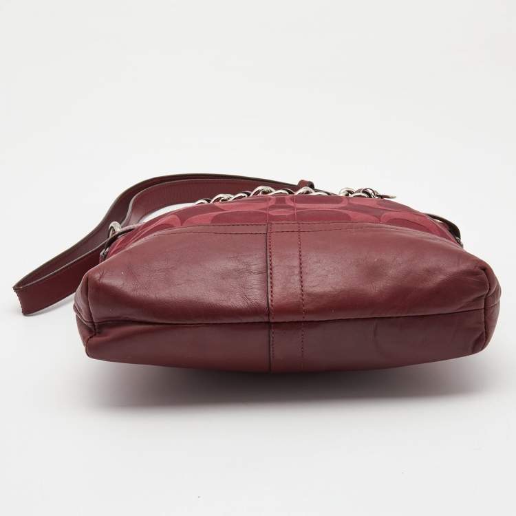 Pre Owned Coach Burgundy Signature Satin and Leather Chain Detail Hobo