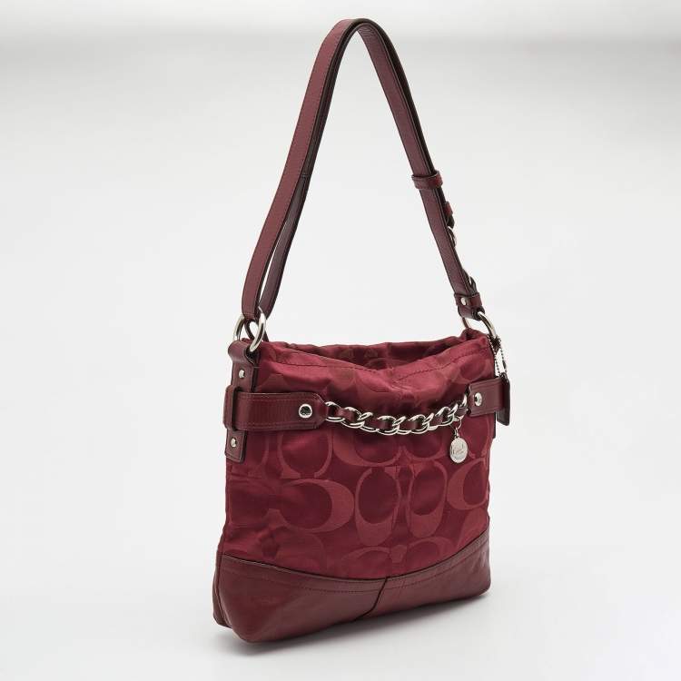 Pre Owned Coach Burgundy Signature Satin and Leather Chain Detail Hobo