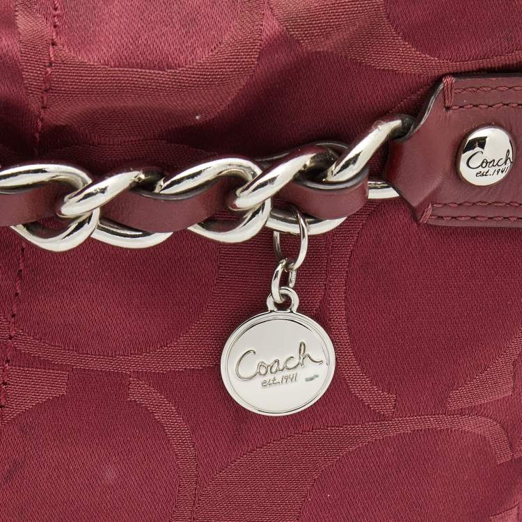 Pre Owned Coach Burgundy Signature Satin and Leather Chain Detail Hobo