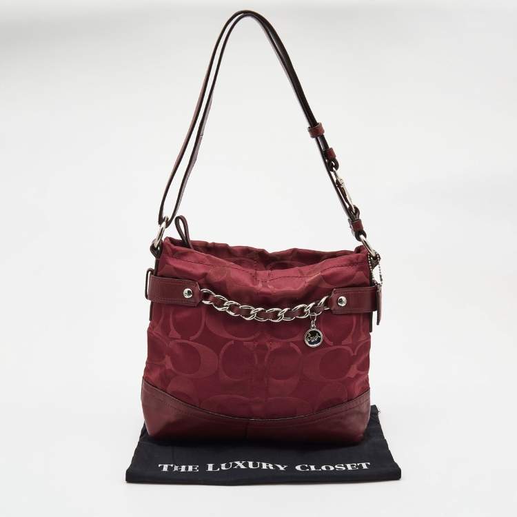 Pre Owned Coach Burgundy Signature Satin and Leather Chain Detail Hobo