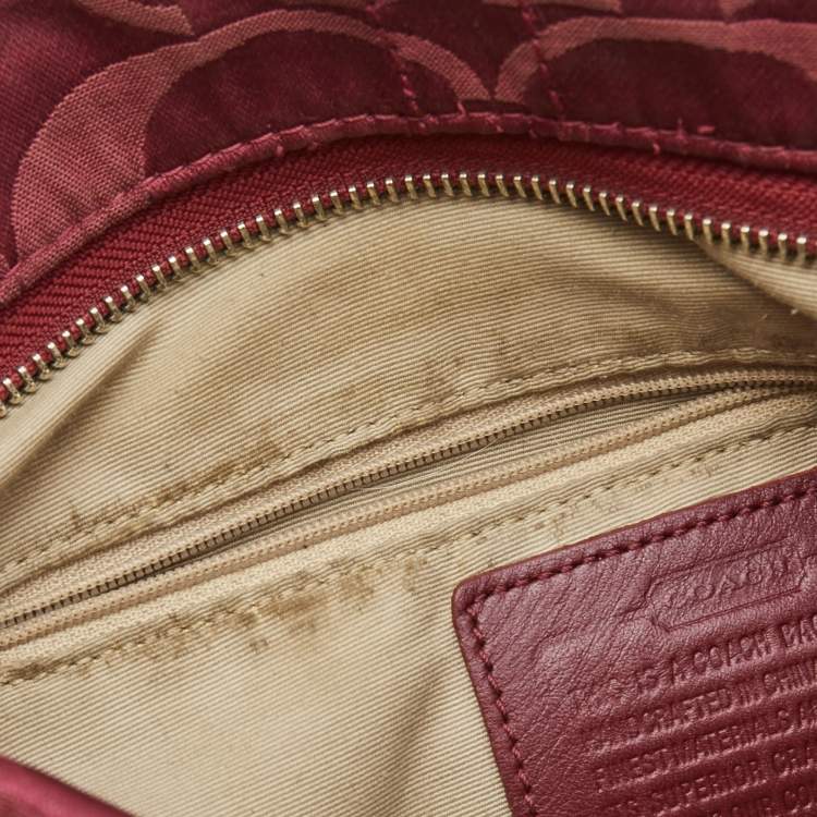 Pre Owned Coach Burgundy Signature Satin and Leather Chain Detail Hobo