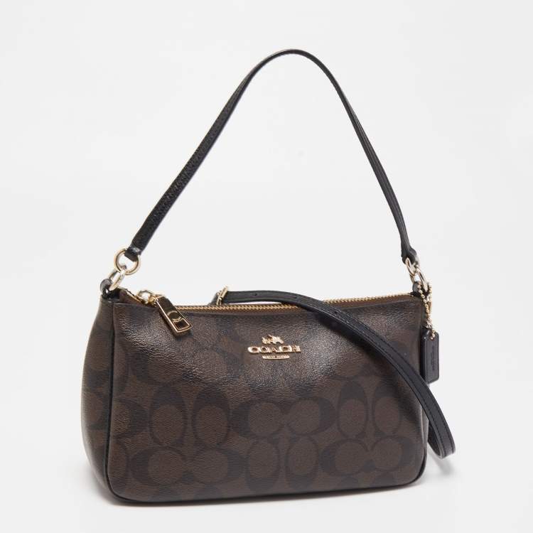 Pre Owned Coach Dark Brown Signature Coated Canvas Crossbody Bag