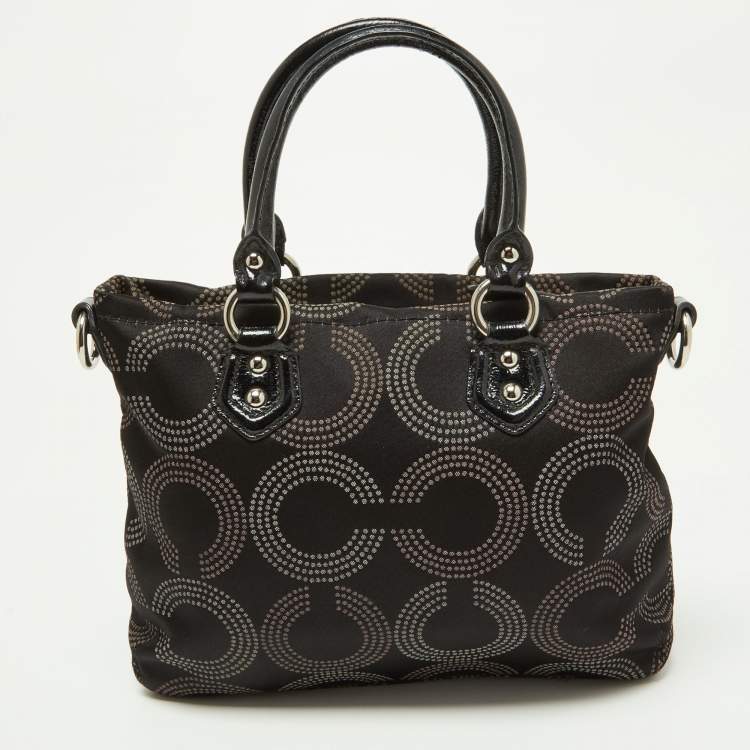 Pre Owned Coach Black Op Art Fabric and Patent Leather Sophia Satchel
