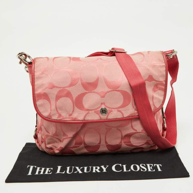 Pre Owned Coach Pink Signature Canvas and Patent Messenger Bag