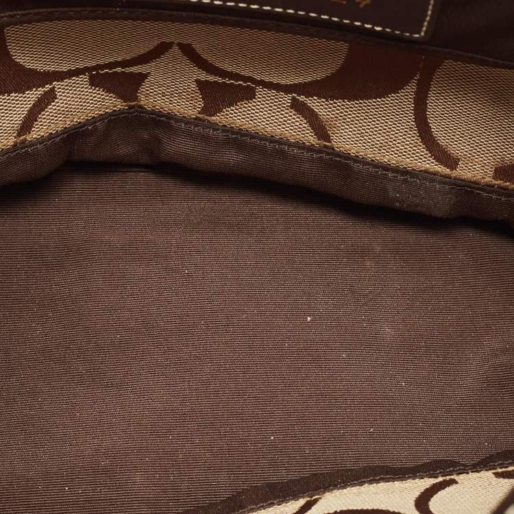 Pre Owned Coach Beige/Brown Signature Canvas and Leather Stipe Tote