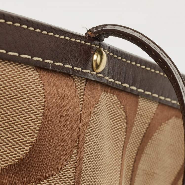 Pre Owned Coach Beige/Brown Signature Canvas and Leather Stipe Tote