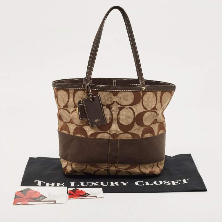 Pre Owned Coach Beige/Brown Signature Canvas and Leather Stipe Tote