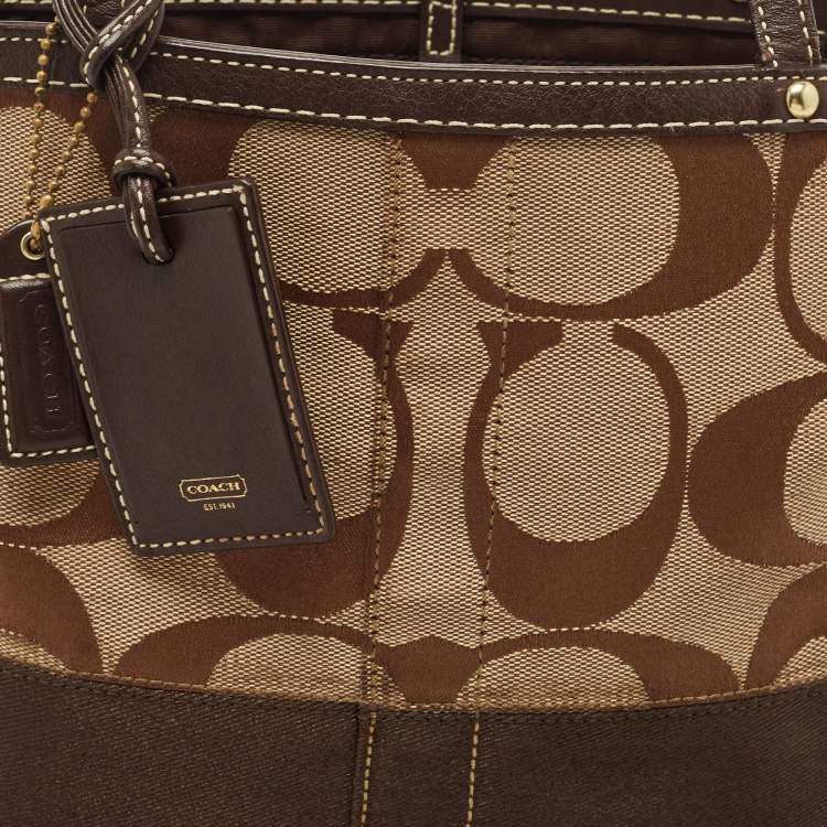 Pre Owned Coach Beige/Brown Signature Canvas and Leather Stipe Tote