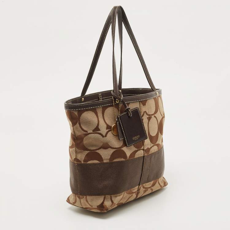 Pre Owned Coach Beige/Brown Signature Canvas and Leather Stipe Tote