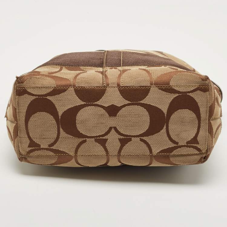 Pre Owned Coach Beige/Brown Signature Canvas and Leather Stipe Tote