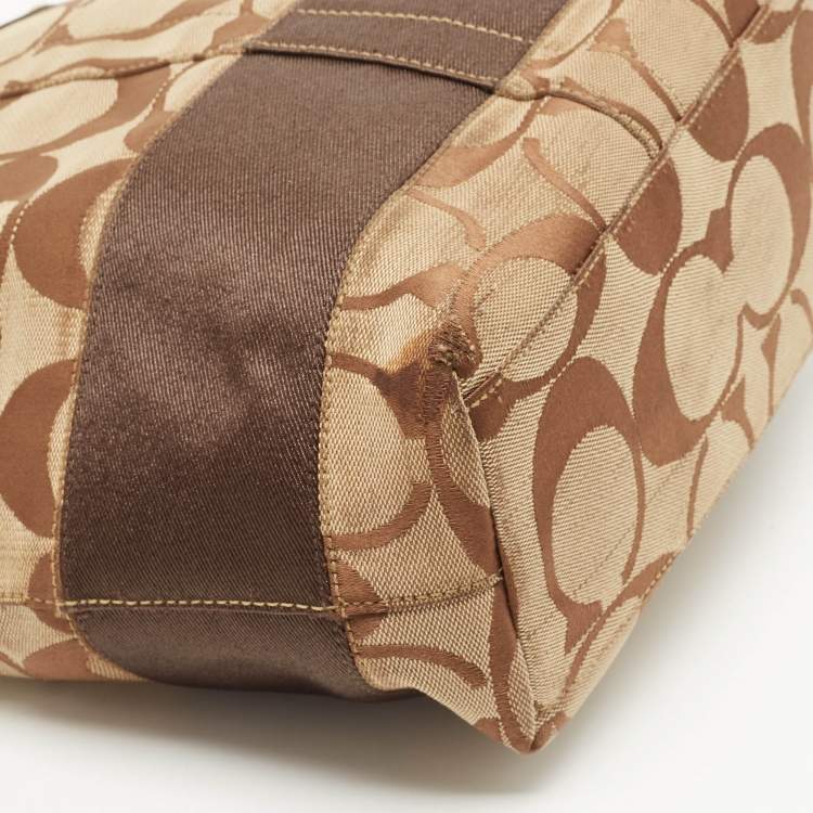 Pre Owned Coach Beige/Brown Signature Canvas and Leather Stipe Tote