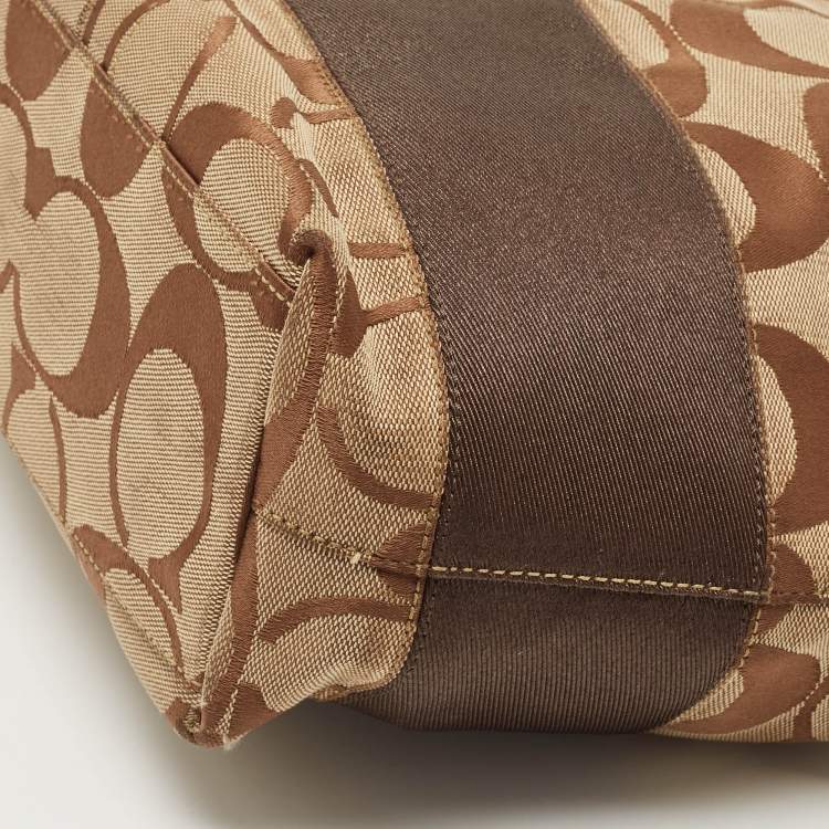 Pre Owned Coach Beige/Brown Signature Canvas and Leather Stipe Tote