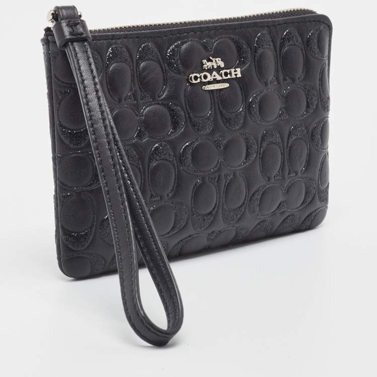 مملوكة مسبقًا Coach Black Signature Glitter Embossed Leather Boxed Wristlet Clutch