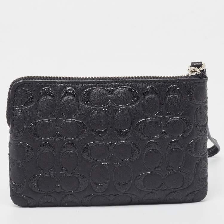 مملوكة مسبقًا Coach Black Signature Glitter Embossed Leather Boxed Wristlet Clutch