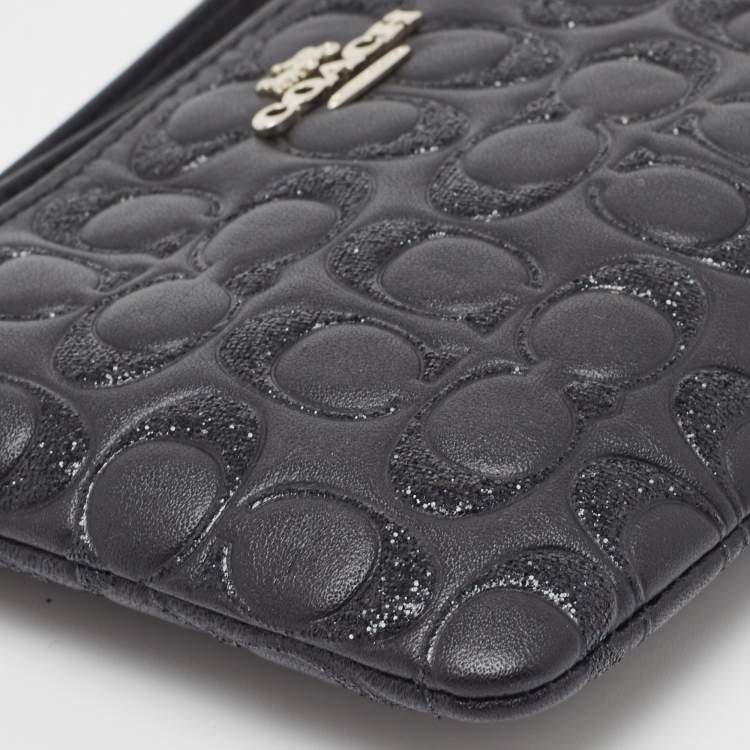 مملوكة مسبقًا Coach Black Signature Glitter Embossed Leather Boxed Wristlet Clutch