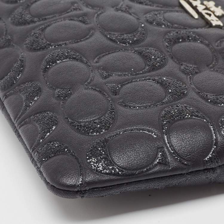 مملوكة مسبقًا Coach Black Signature Glitter Embossed Leather Boxed Wristlet Clutch