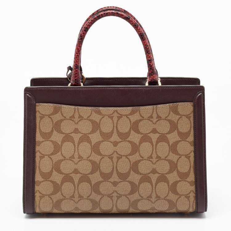 Pre Owned Coach Burgundy/Beige Signature Coated and Leather Zoe Carryall Tote