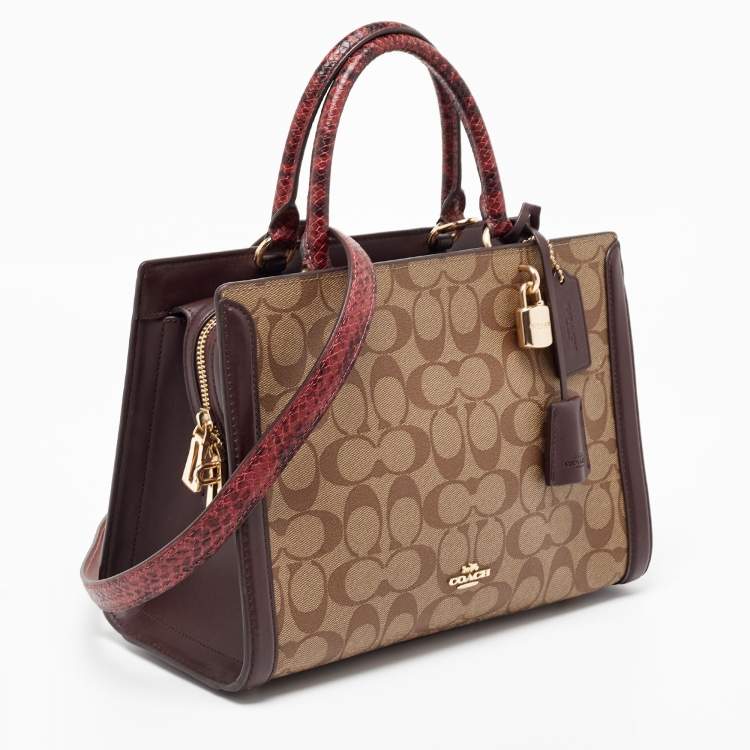 Pre Owned Coach Burgundy/Beige Signature Coated and Leather Zoe Carryall Tote