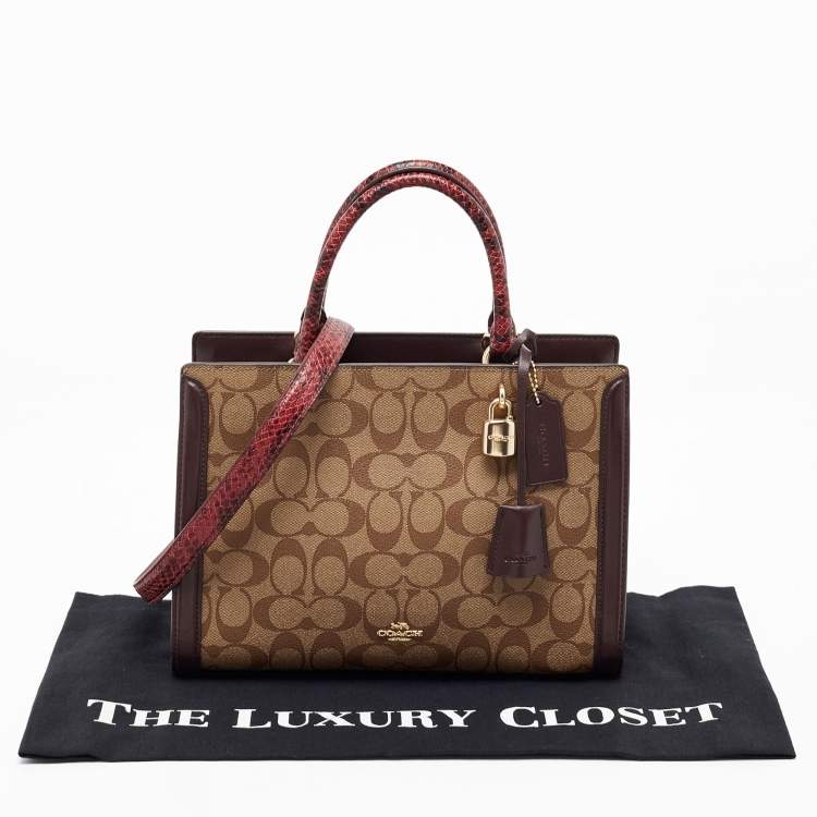 Pre Owned Coach Burgundy/Beige Signature Coated and Leather Zoe Carryall Tote
