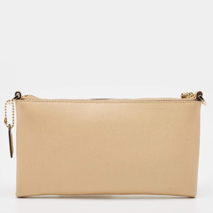 Pre Owned Coach Tan Leather Zip Strap Clutch