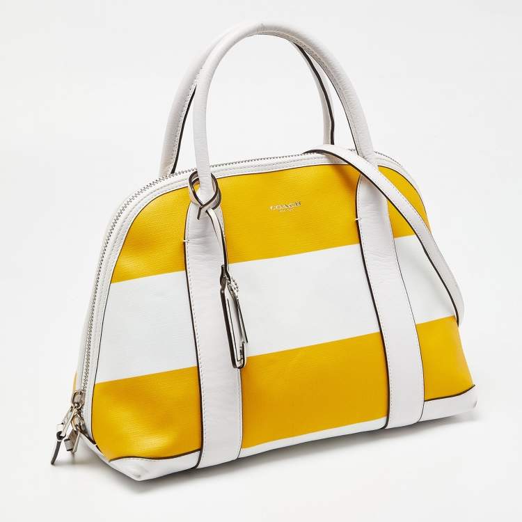 Pre Owned Coach Yellow/White Striped Coated Canvas and Leather Satchel