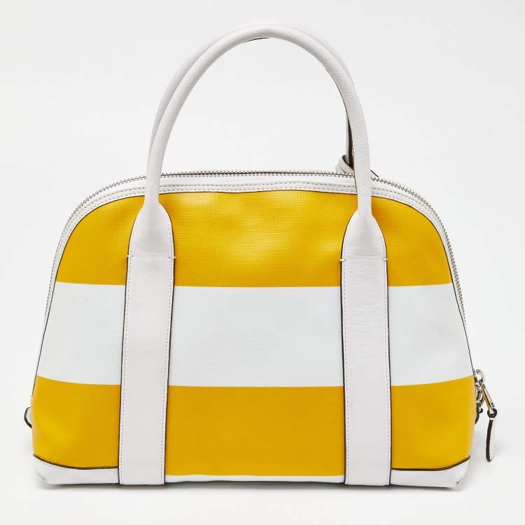 Pre Owned Coach Yellow/White Striped Coated Canvas and Leather Satchel