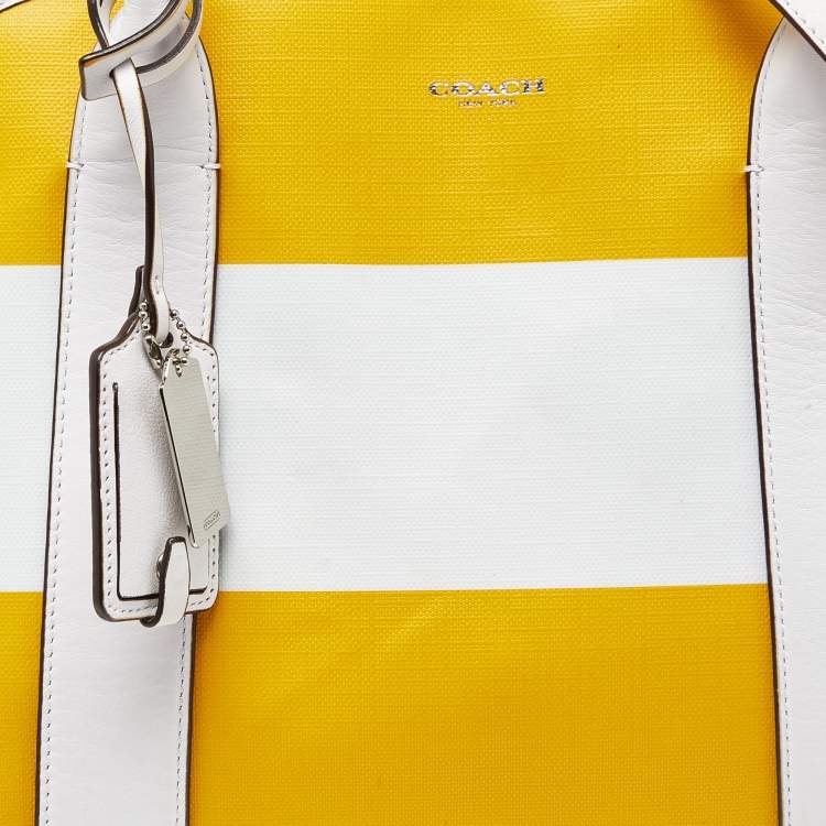 Pre Owned Coach Yellow/White Striped Coated Canvas and Leather Satchel