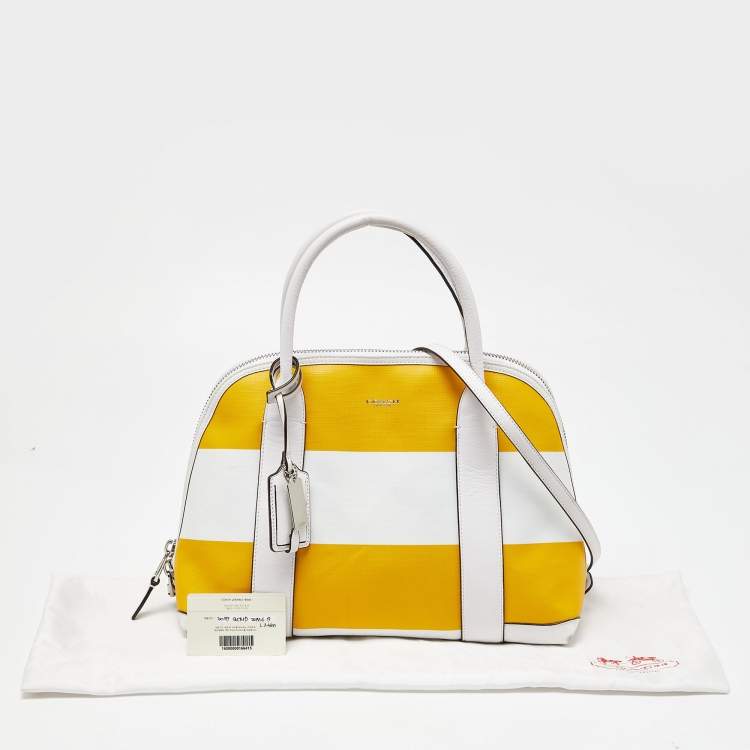 Pre Owned Coach Yellow/White Striped Coated Canvas and Leather Satchel