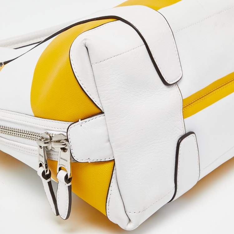 Pre Owned Coach Yellow/White Striped Coated Canvas and Leather Satchel