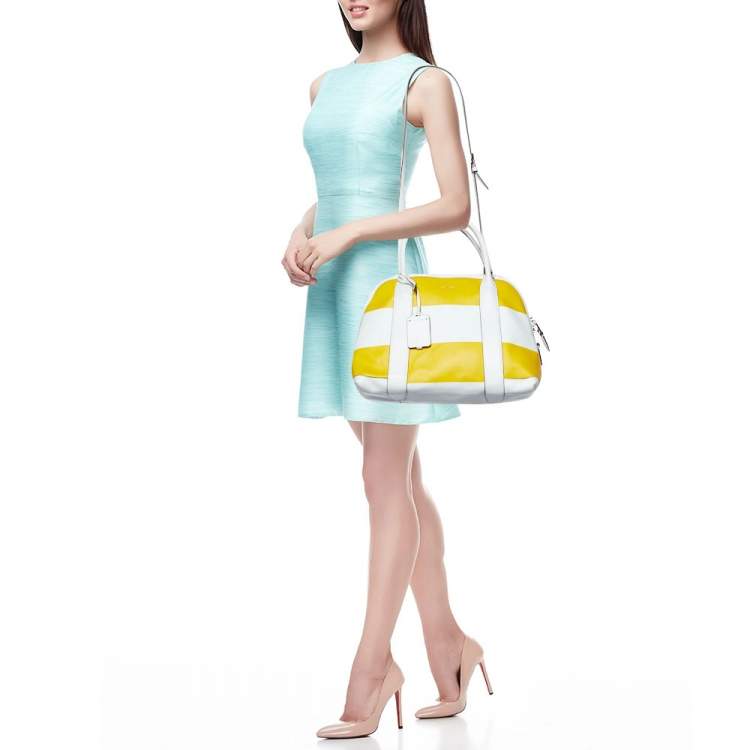 Pre Owned Coach Yellow/White Striped Coated Canvas and Leather Satchel