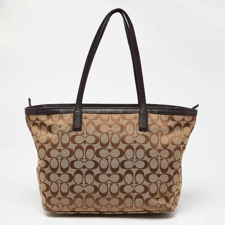 Pre Owned Coach Beige/Brown Signature Canvas and Leather Shopper Tote