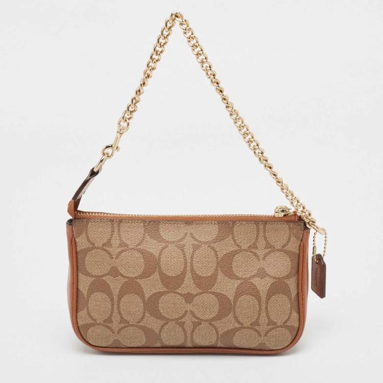 Pre Owned Coach Beige/Tan Signature Canvas And Leather Nolita Chain Clutch 