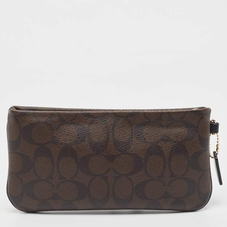 Pre Owned Coach Brown Signature Coated Canvas Zip Wristlet Wallet