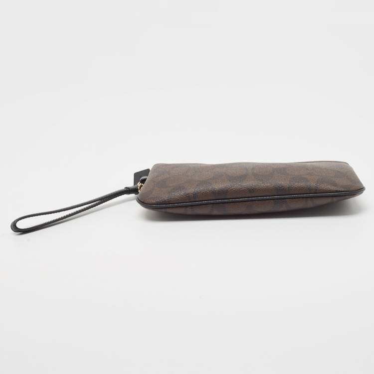 Pre Owned Coach Brown Signature Coated Canvas Zip Wristlet Wallet